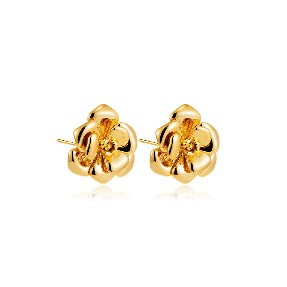 Retro Style 18K Gold and Stainless Steel Camellia Stud Earrings