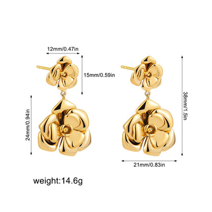 Retro Style 18K Gold and Stainless Steel Camellia Stud Earrings