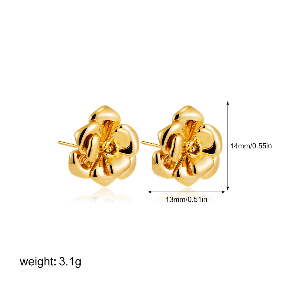 Retro Style 18K Gold and Stainless Steel Camellia Stud Earrings