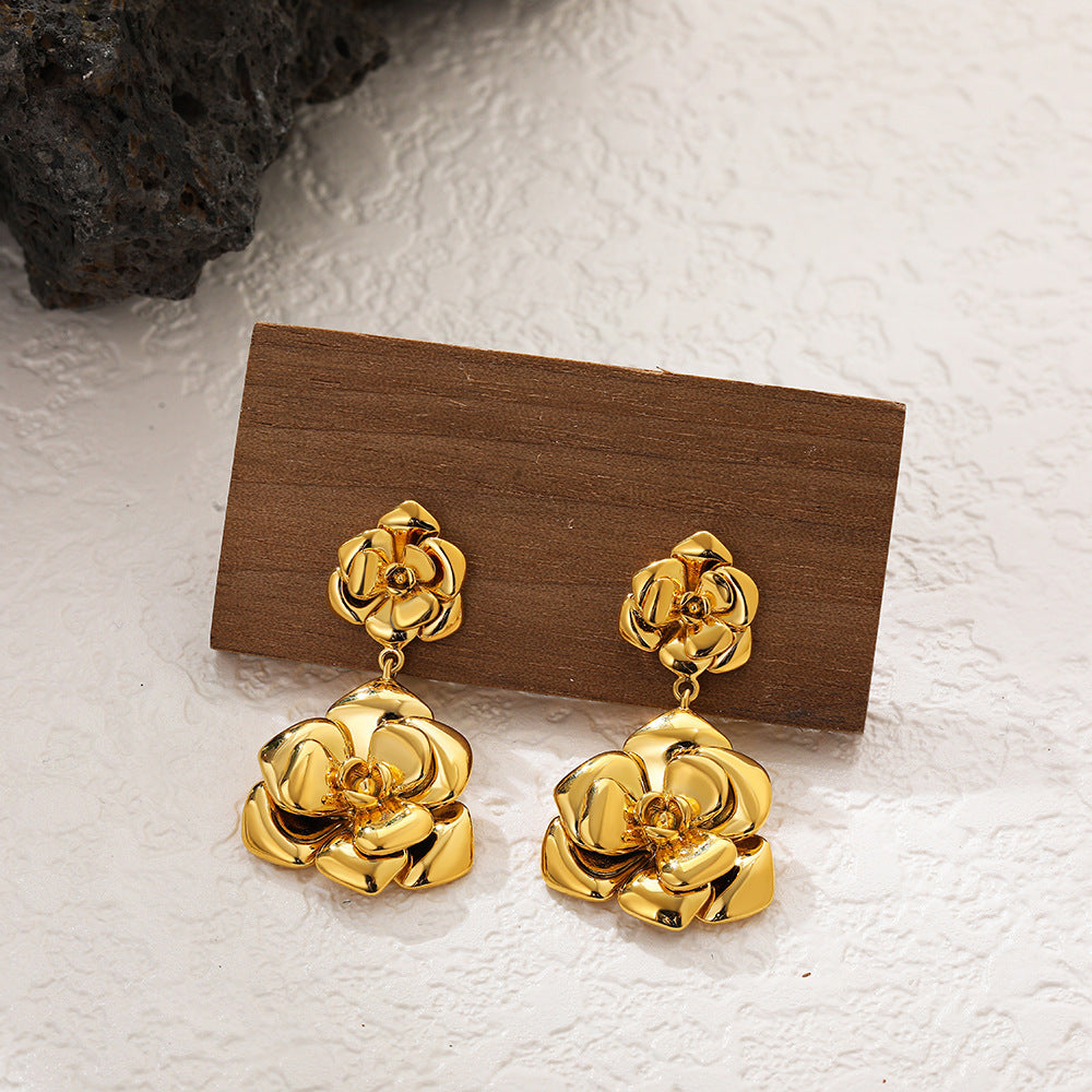 Retro Style 18K Gold and Stainless Steel Camellia Stud Earrings