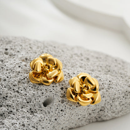 Retro Style 18K Gold and Stainless Steel Camellia Stud Earrings